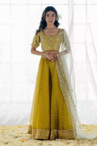 Moss Green Embroidered Organza Lehenga Set