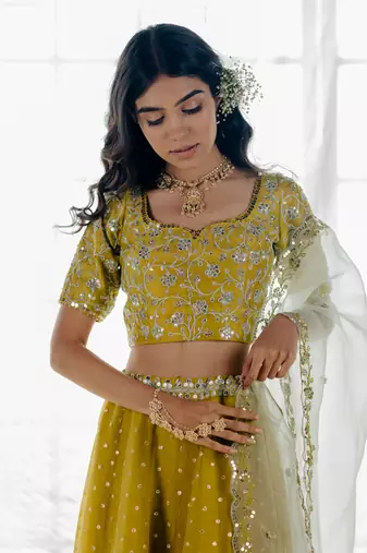 Moss Green Embroidered Organza Lehenga Set