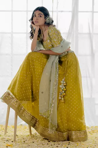 Moss Green Embroidered Organza Lehenga Set