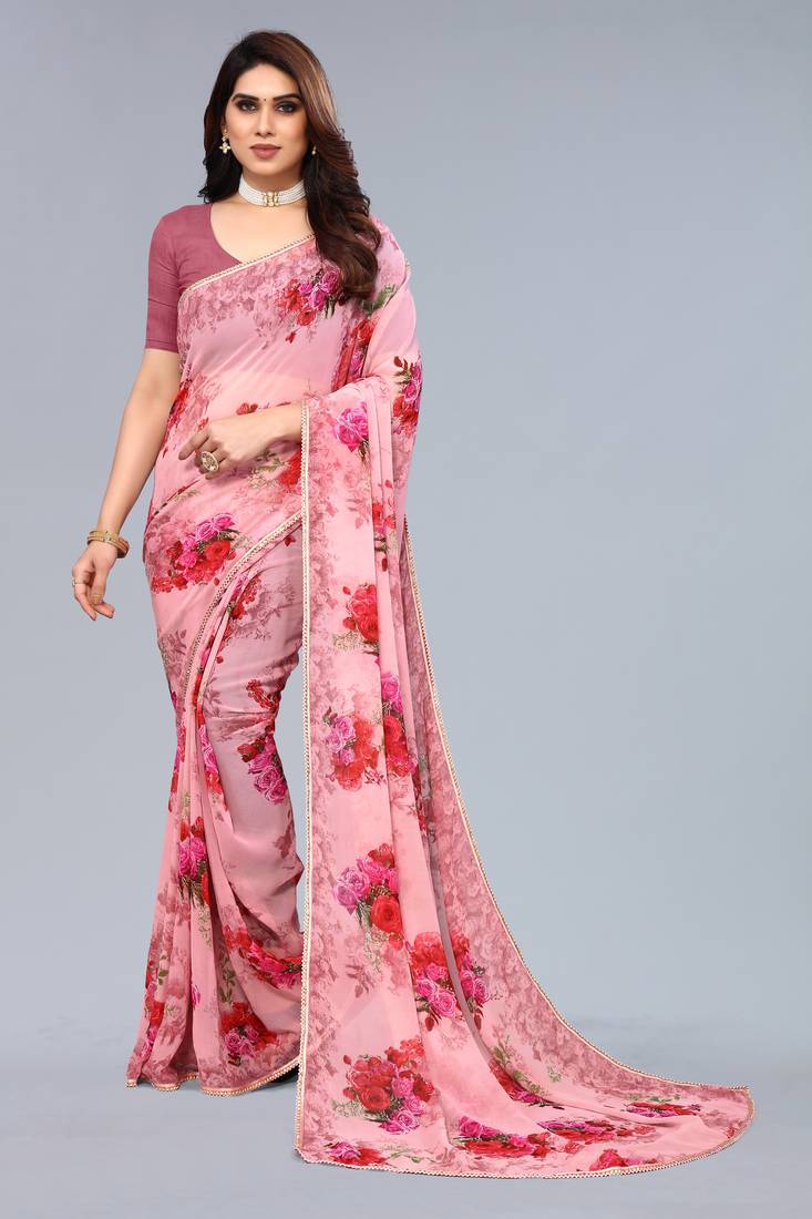 Pink printed georgette saree with blouse