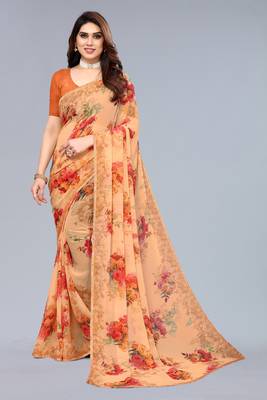 Orange printed georgette saree with blouse 3