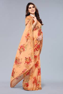Orange printed georgette saree with blouse 4