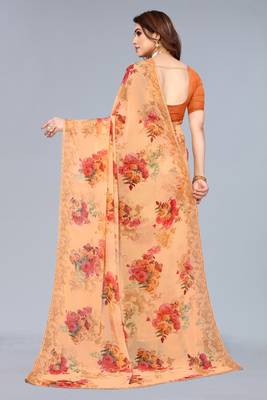 Orange printed georgette saree with blouse 5