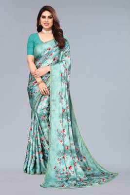 Sea green printed art soft silk saree with blouse 3