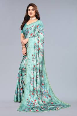 Sea green printed art soft silk saree with blouse 4