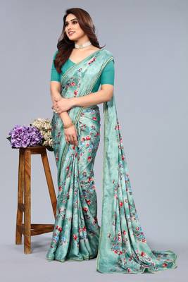 Sea green printed art soft silk saree with blouse 1