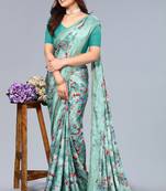 Sea green printed art soft silk saree with blouse