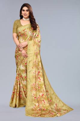 Mustard printed art silk saree with blouse 2