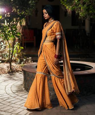 Mustard Bandhani Drape Saree With Sharara Twist 1