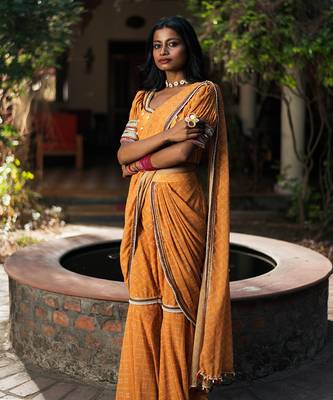 Mustard Bandhani Drape Saree With Sharara Twist 3