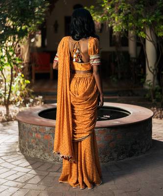 Mustard Bandhani Drape Saree With Sharara Twist 4