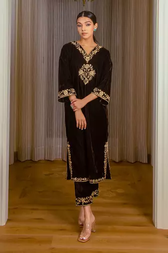Silk Velvet Embroidered Kurta Set