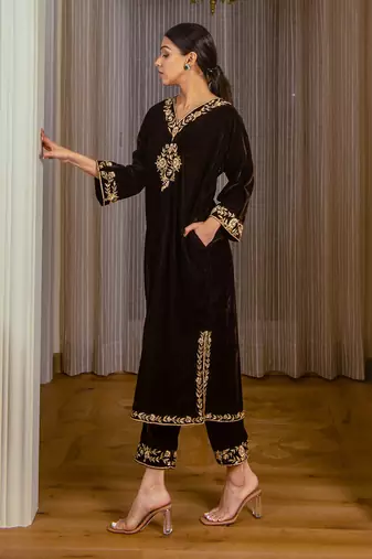 Silk Velvet Embroidered Kurta Set