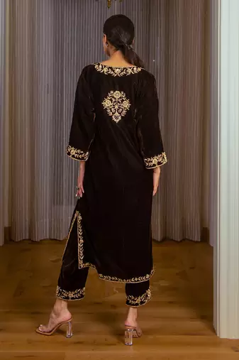 Silk Velvet Embroidered Kurta Set
