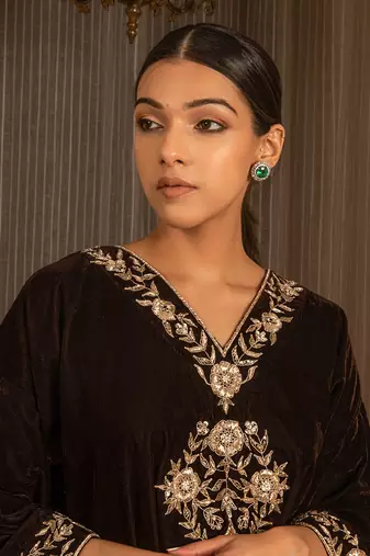 Silk Velvet Embroidered Kurta Set