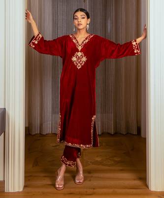 Silk Velvet Embroidered Kurta Set 1