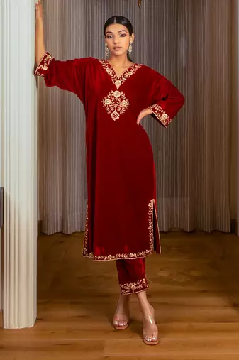 Silk Velvet Embroidered Kurta Set