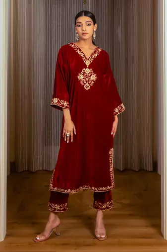 Silk Velvet Embroidered Kurta Set