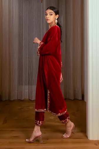 Silk Velvet Embroidered Kurta Set