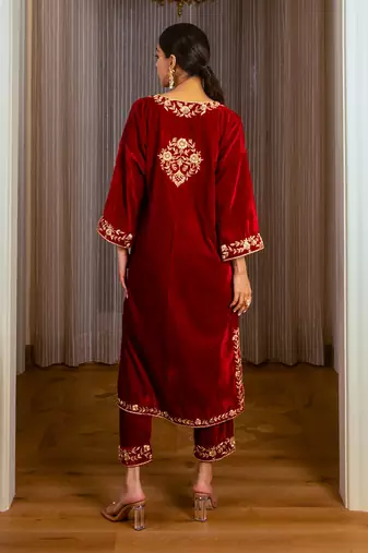 Silk Velvet Embroidered Kurta Set
