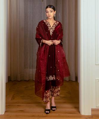 Embroidered Velvet Kurta Set 6
