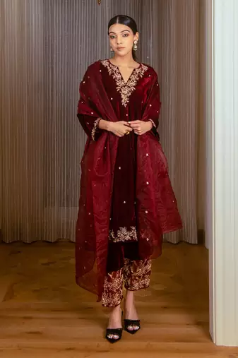 Embroidered Velvet Kurta Set