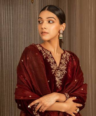 Embroidered Velvet Kurta Set 8