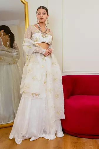 Ecru Burnt Organza Lehenga Set