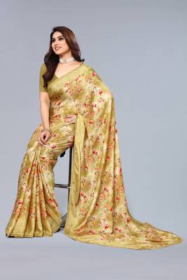 Mustard printed art silk saree with blouse 5