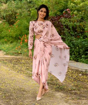 Pink Linen Printed Lungi Saree and Top Set  1