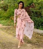Pink Linen Printed Lungi Saree and Top Set 