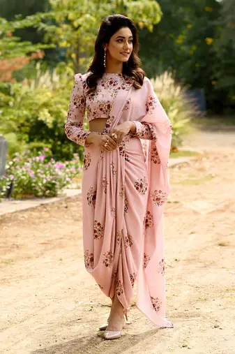 Pink Linen Printed Lungi Saree and Top Set 