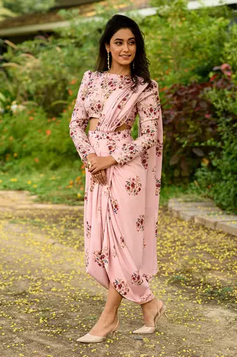 Pink Linen Printed Lungi Saree and Top Set 