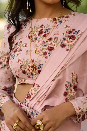 Pink Linen Printed Lungi Saree and Top Set 