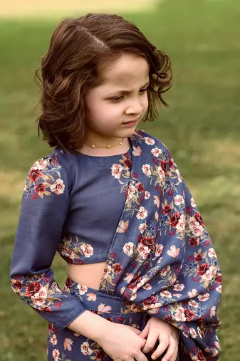Persian Blue Dhoti Saree & Top Kids