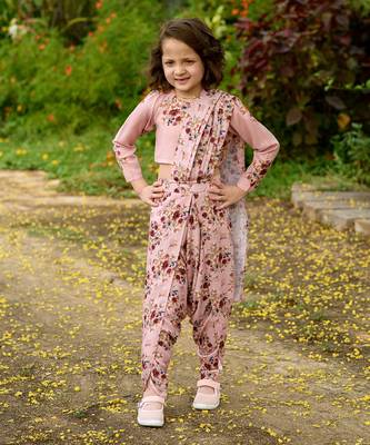 Carnation Pink Dhoti Saree & Top Kids 1
