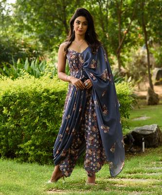 Persian Blue Palazzo Jumpsuit With A Detachable Persian Blue Dupatta 3