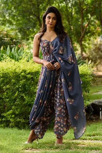 Persian Blue Palazzo Jumpsuit With A Detachable Persian Blue Dupatta