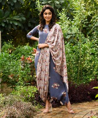 Persian Blue Dhoti Jumpsuit With A Detachable Laurel Green Dupatta 1