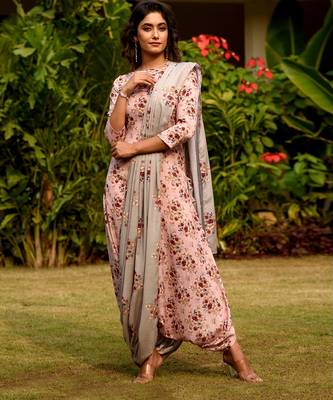 Carnation Pink Dhoti Jumpsuit With A Detachable Laurel Green Dupatta 1