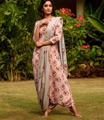 Carnation Pink Dhoti Jumpsuit With A Detachable Laurel Green Dupatta