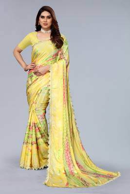 Yellow printed art silk saree with blouse 2
