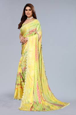 Yellow printed art silk saree with blouse 3