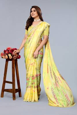 Yellow printed art silk saree with blouse 4