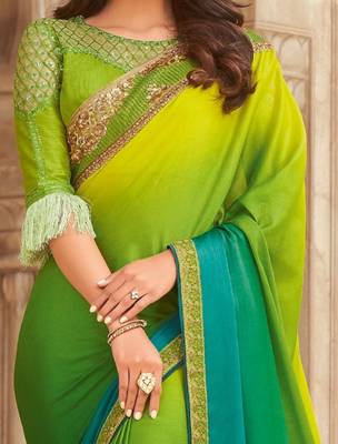 Green embroidered silk blend saree with blouse 3