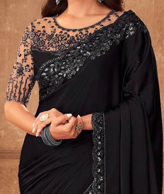 Black embroidered fancy fabric saree with blouse 3