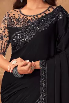 Black embroidered fancy fabric saree with blouse