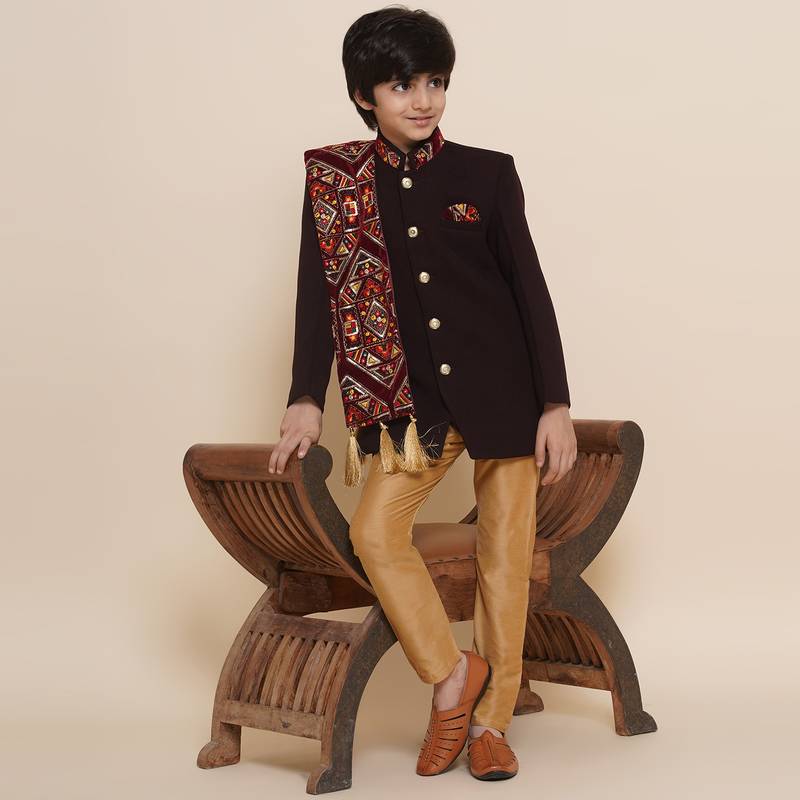 Maroon plain poly cotton boys-sherwani