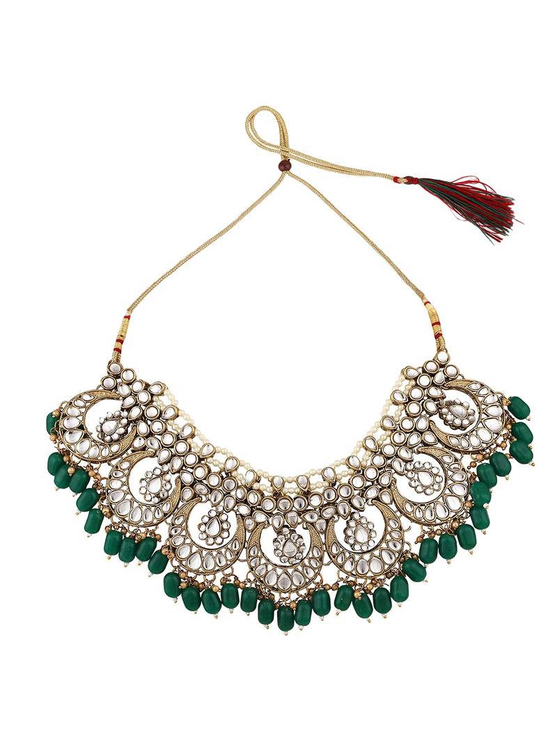 Traditional Gold Plated Green Colored Kundan and Pearl Studded Bridal Necklace Set with Earring and Maangtikka