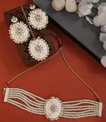 Traditonal Gold Plated Enameled White Colored Oval Shaped Pearl Layeed Choker Set with Earrings and Maangtikka Set